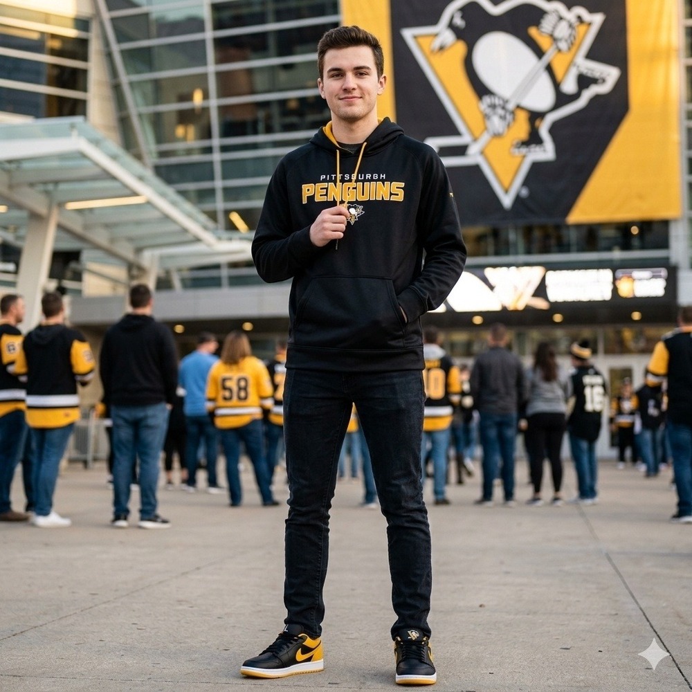 NHL Pittsburgh Penguins Hoodie Mens Medium Black Gold Excellent Pullover Logo - Picture 1 of 6